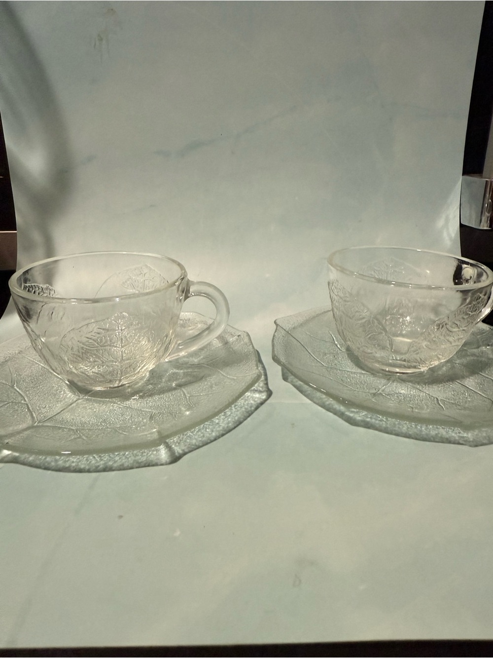 Durax Glass Leaf-Embossed Teacup and Saucer 2 Set 2” Cups-      5”  Saucers
